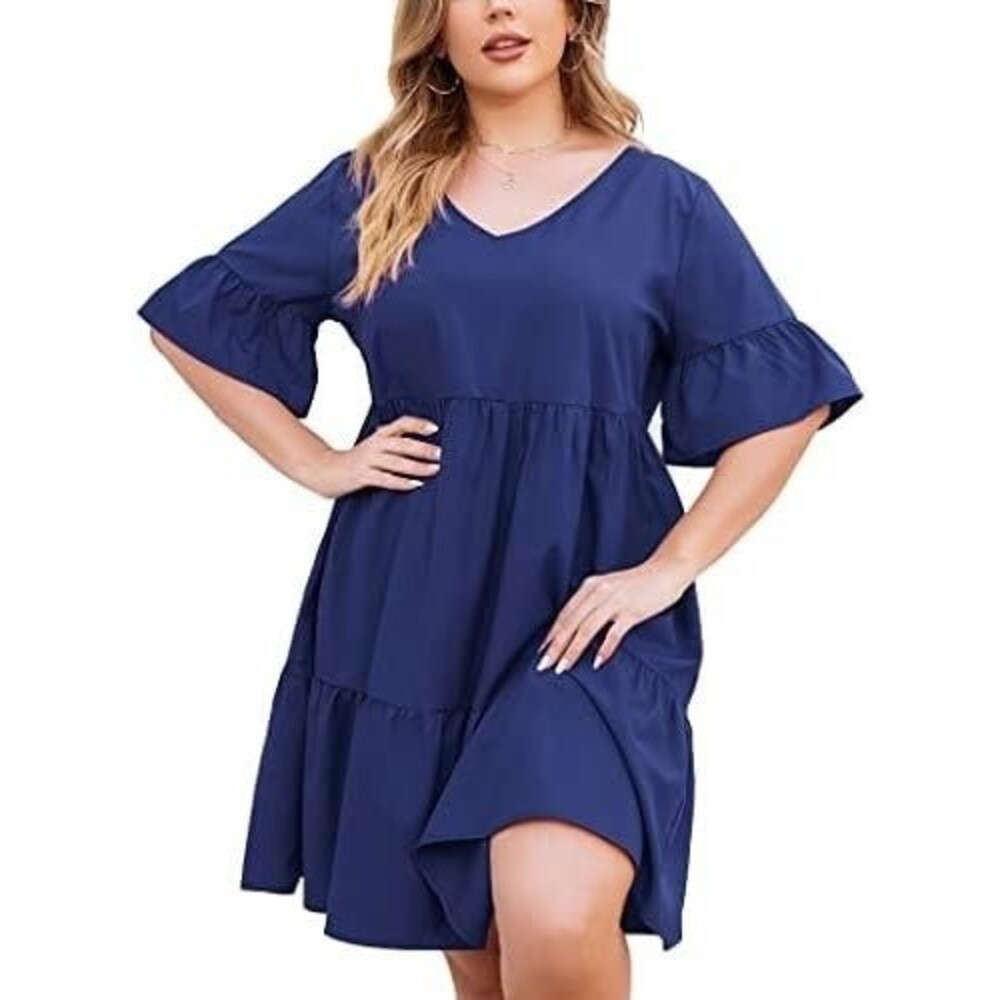 In'voland Blue Solid V-Neck Ruffle Flutter Sleeve Shift plus size Dress Plus 18W
